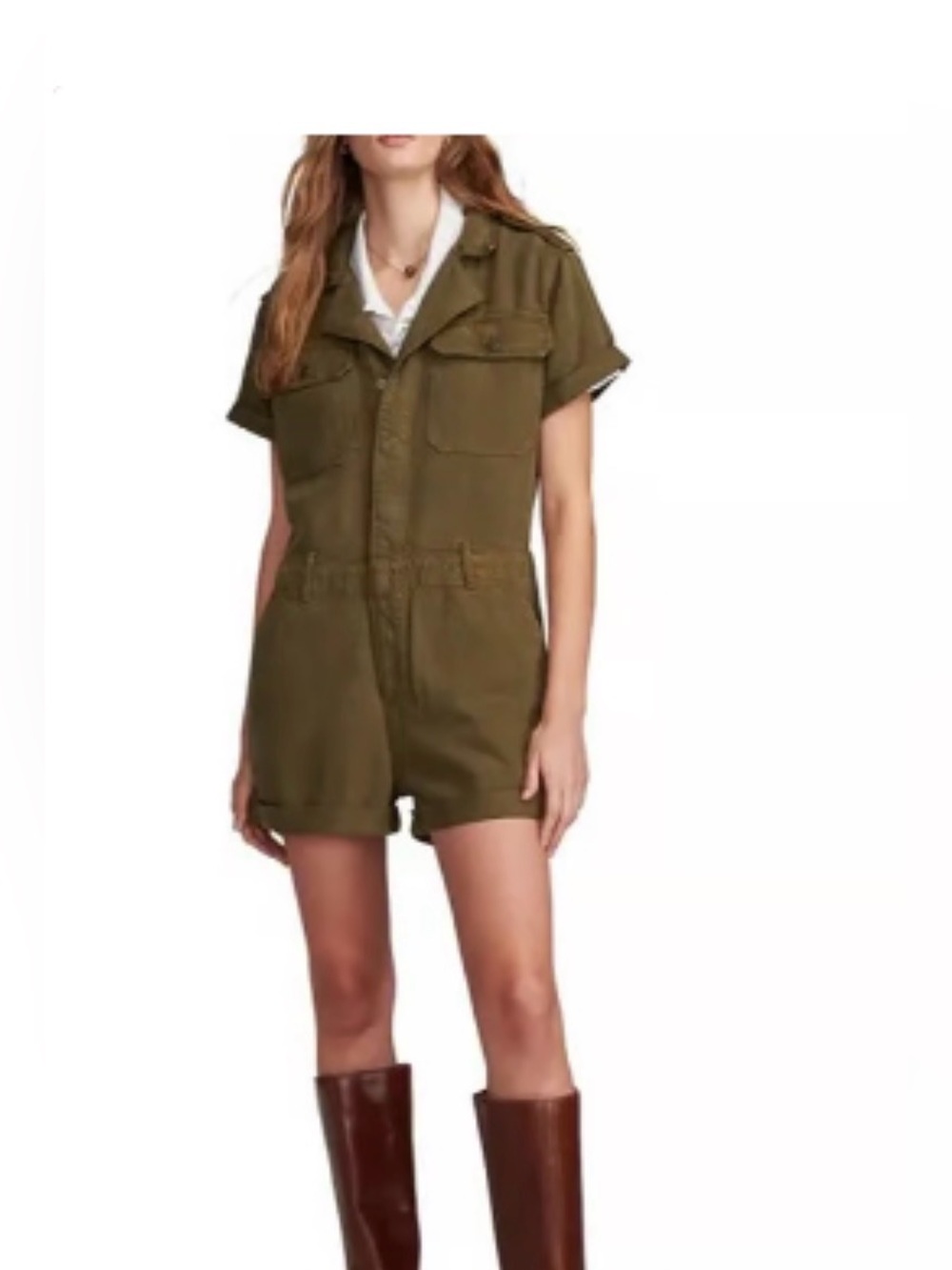 Lucky Brand Size Small, Utility Army Green Cotton Romper,  Pockets Button Up GUC